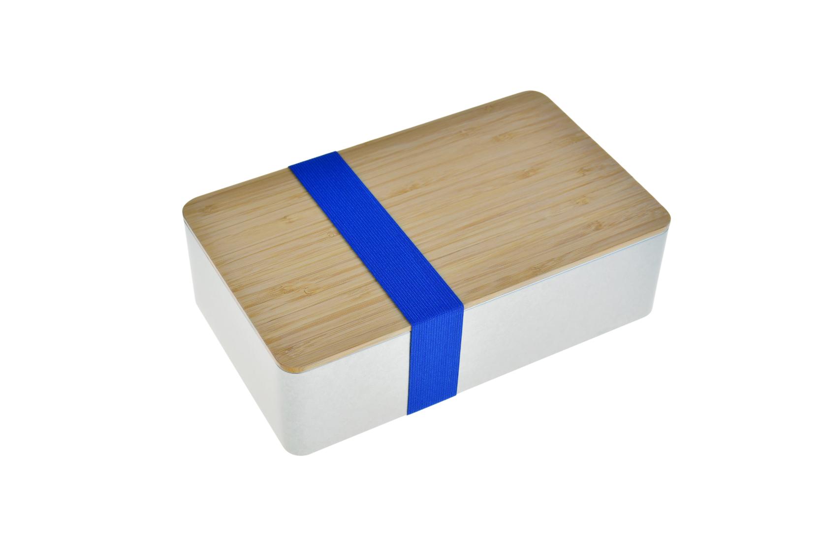 Rectangular metal tin with bamboo lid and dark blue elastic band – Doseplus DSE 31F.