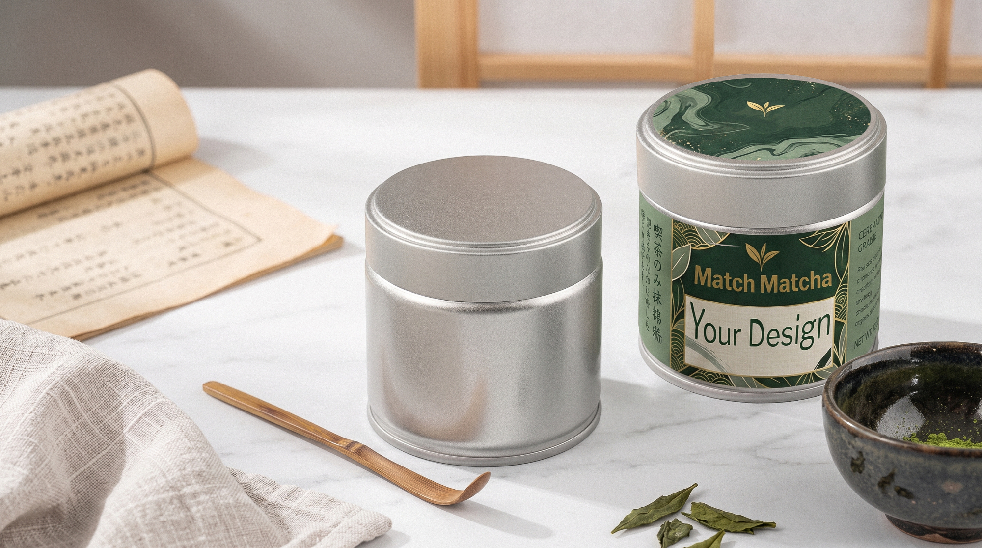 Matcha-Dosen aus Metall mit Aromadeckel