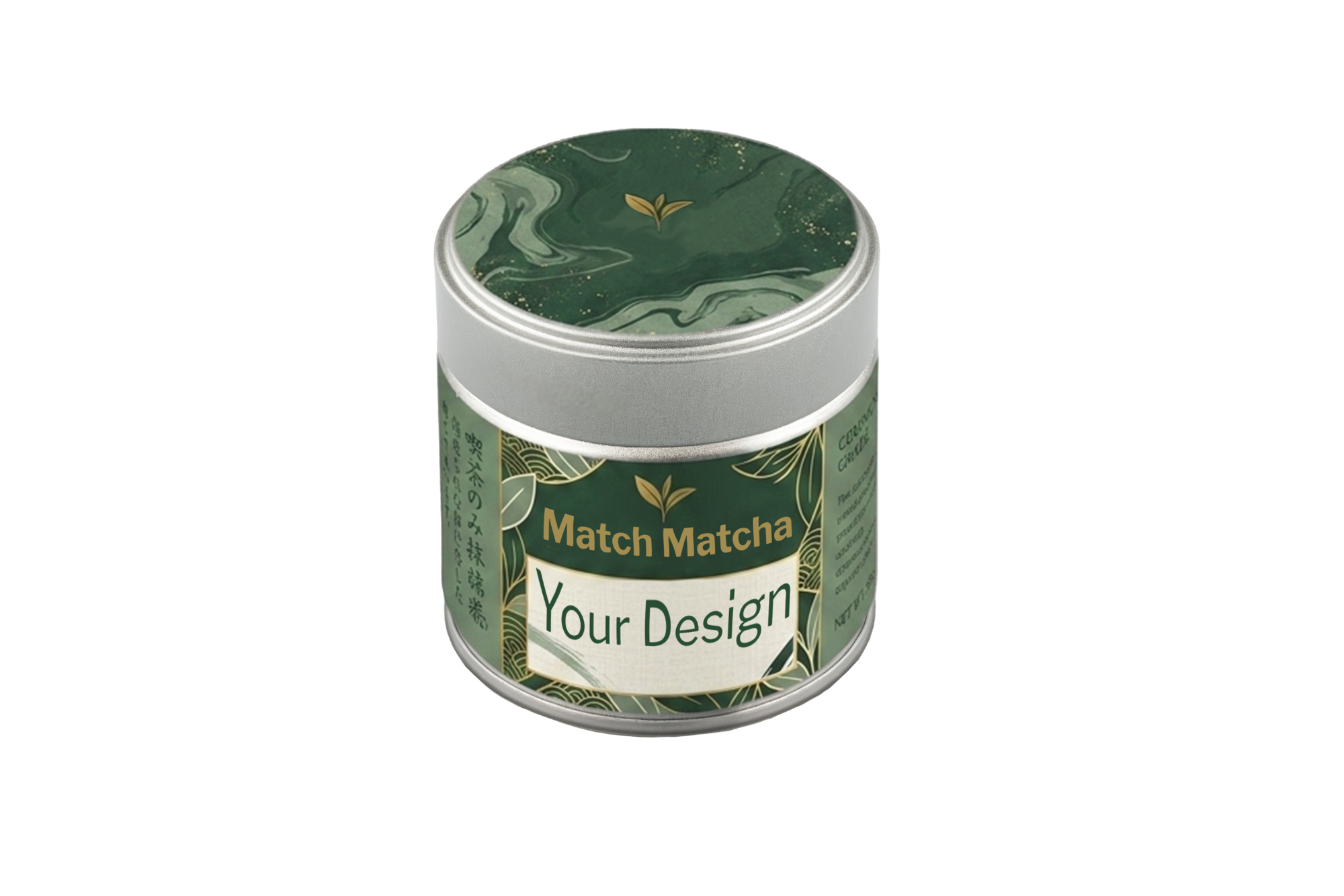 Geschlossene silberne Matcha-Dose aus Metall mit Beispiel für ein individuelles Design auf weißem Hintergrund. Die Dose zeigt eine mögliche Gestaltung nach Kundenwunsch und veranschaulicht die Personalisierung der Verpackung für Matcha-Produkte.