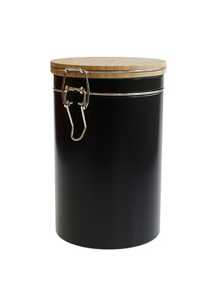black storage tin with bamboo lid