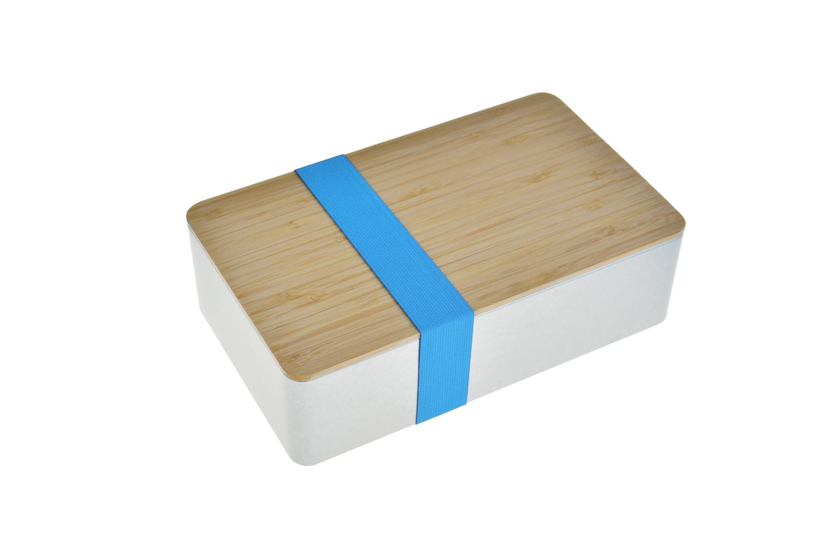 Rectangular metal tin with bamboo lid and light blue elastic band – Doseplus DSE 31F.