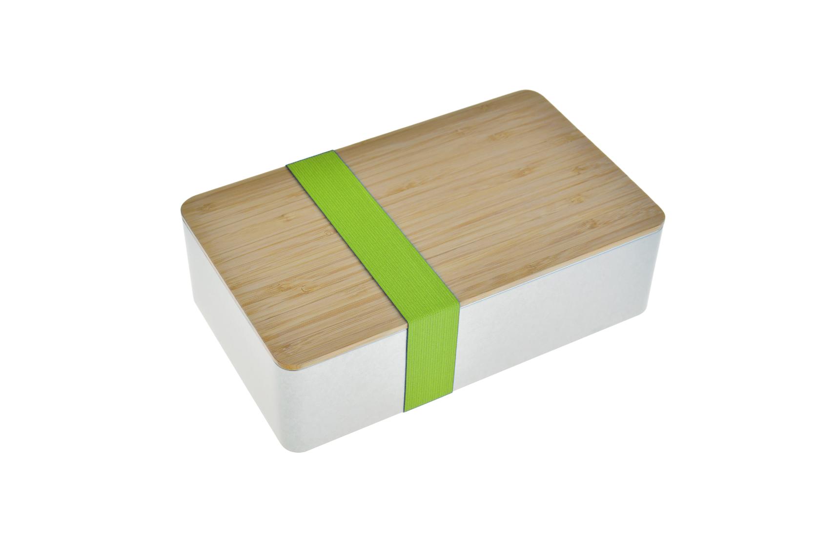 Rectangular metal tin with bamboo lid and green elastic band – Doseplus DSE 31F.